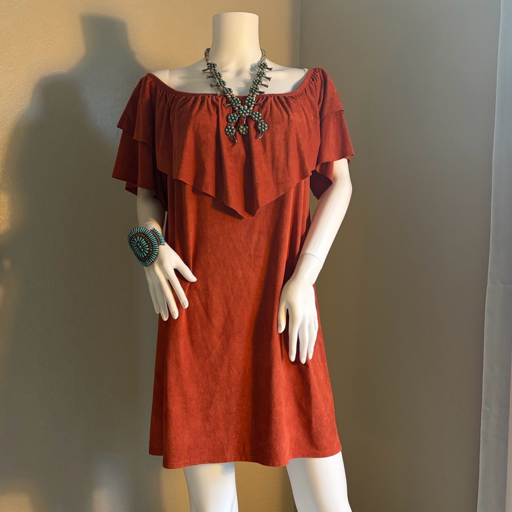 Faux suede off the shoulder dress ruffle dress with hi low cut. Boho, feminine